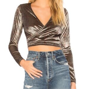 Revolve by the way. Metallic Velvet Plaid Wrap Crop Top Brown and Silver Size Sm